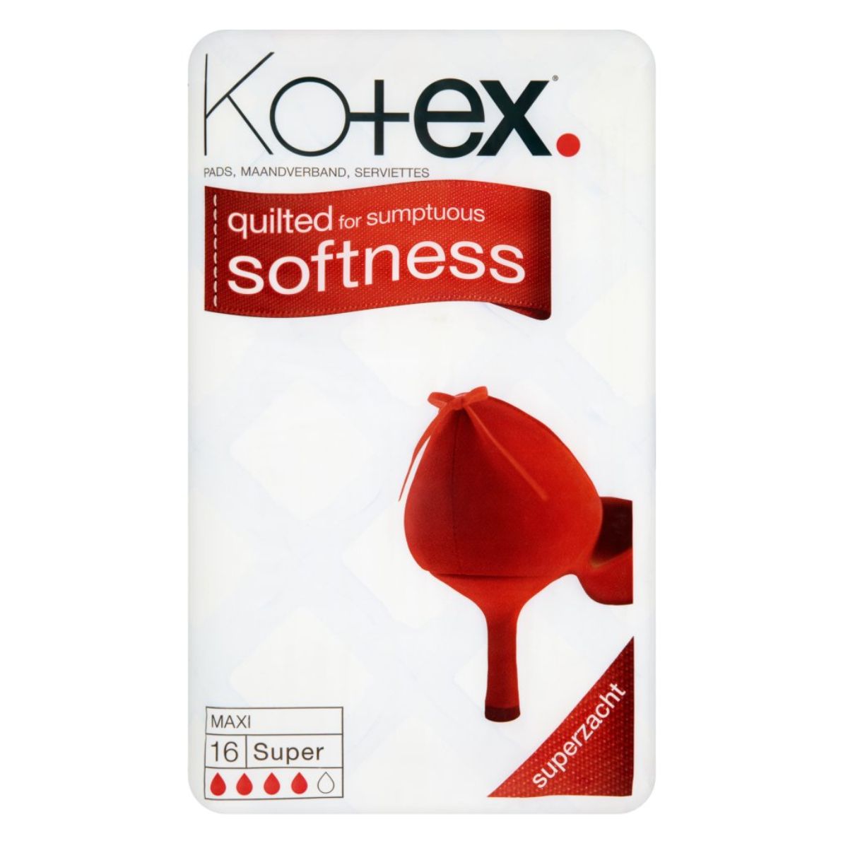 A package of Kotex Maxi Super - 16 Pads with a red quilting to signify softness. A package of Kotex Maxi Super - 16 Pads with a red quilting to signify softness.