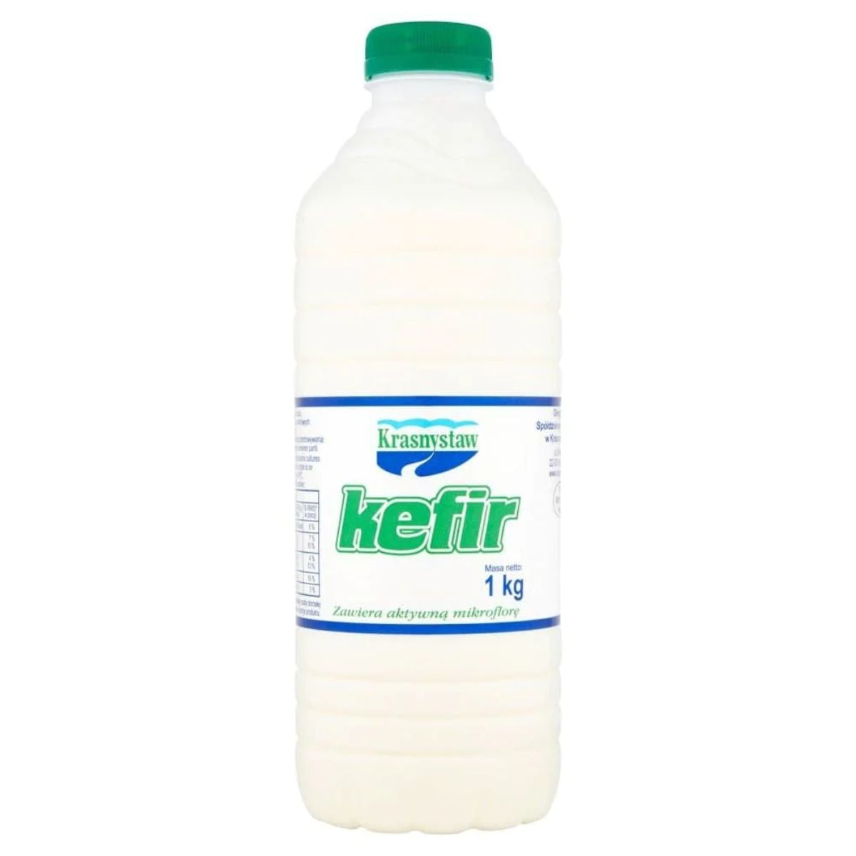 A bottle of Krasnystaw Kefir - 1 Litre with a green cap. A bottle of Krasnystaw Kefir - 1 Litre with a green cap.