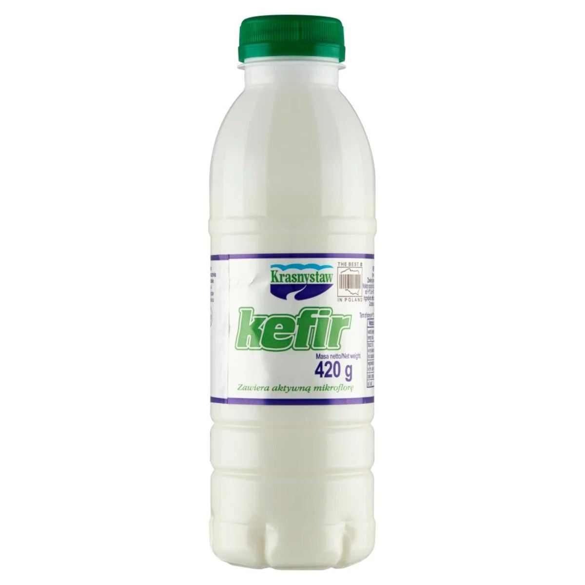 A bottle of Krasnystaw - Kefir - 420g on a white background. A bottle of Krasnystaw - Kefir - 420g on a white background.