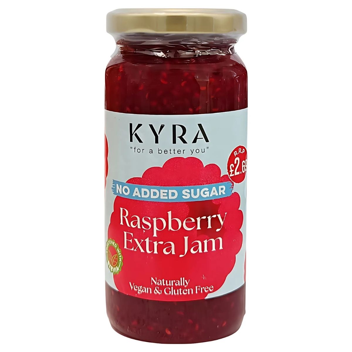 Jar of Kyra Raspberry Jam (No Added Sugar), made with juicy berries. Vegan, gluten-free, 280g, priced at £2.69. Jar of Kyra Raspberry Jam (No Added Sugar), made with juicy berries. Vegan, gluten-free, 280g, priced at £2.69.