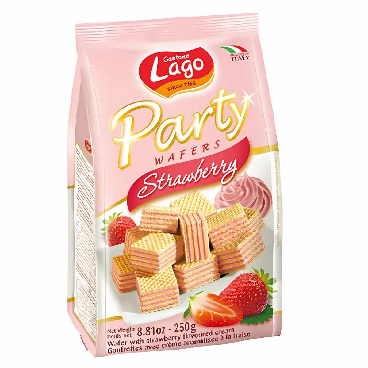 Lago - Strawberry Wafers - 250g features a strawberry flavor with an image of pink wafer cookies and cream filling—a delightful treat. Lago - Strawberry Wafers - 250g features a strawberry flavor with an image of pink wafer cookies and cream filling—a delightful treat.