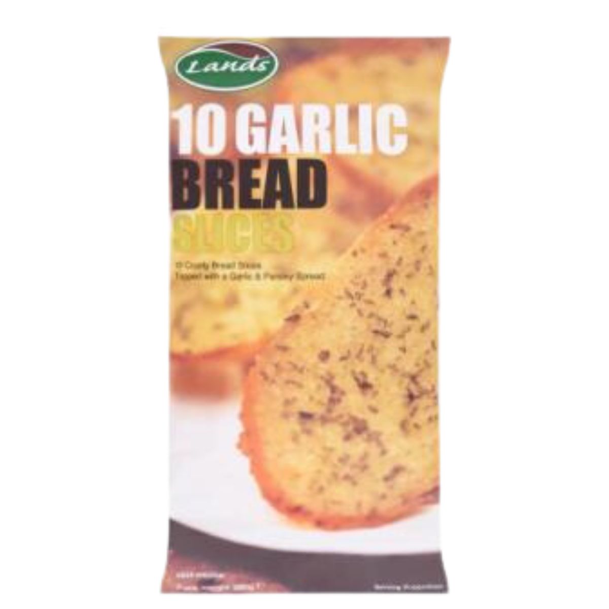Packaging of "Lands - 10 Garlic Bread Slices - 280g" with an image of the product displayed.