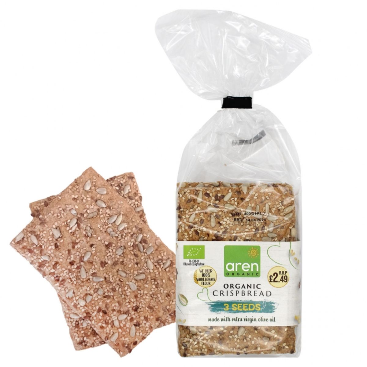 A bag of Lara - Natural Crispbread Protein & 3 Seeds - 200g next to a bag of oats.