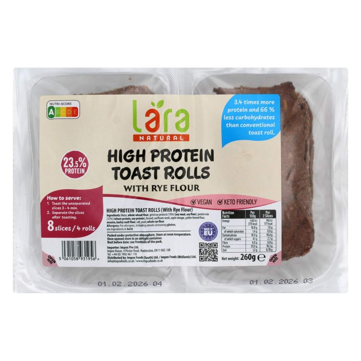 Lara Natural High Protein Toast Rolls – 260g, with rye flour, 8 vegan slices, keto-friendly, 23.5% protein. Wholesome and nutritious; nutrition and keto info on label. Lara Natural High Protein Toast Rolls – 260g, with rye flour, 8 vegan slices, keto-friendly, 23.5% protein. Wholesome and nutritious; nutrition and keto info on label.