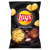 Lays Barbecue Ribs Crisps 130g come in a black pack with images of chips, ribs, onion, and spices—delivering smoky, tangy flavor in every bite for the perfect snack.