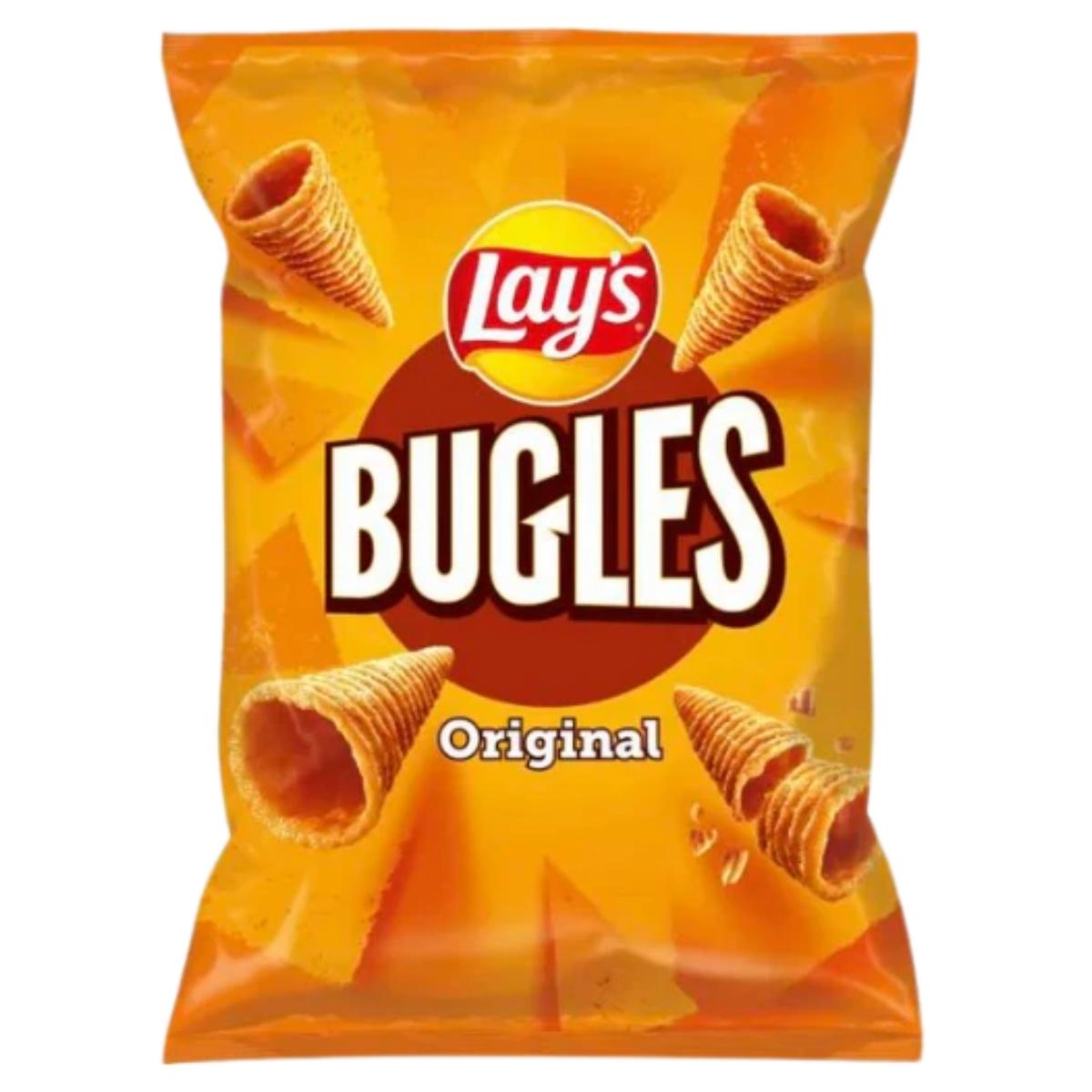 A 75g bag of Lay's Bugles Original crisps, decorated in a yellow and orange design, showcasing lightly salted, cone-shaped corn snacks surrounding the logo. A 75g bag of Lay's Bugles Original crisps, decorated in a yellow and orange design, showcasing lightly salted, cone-shaped corn snacks surrounding the logo.