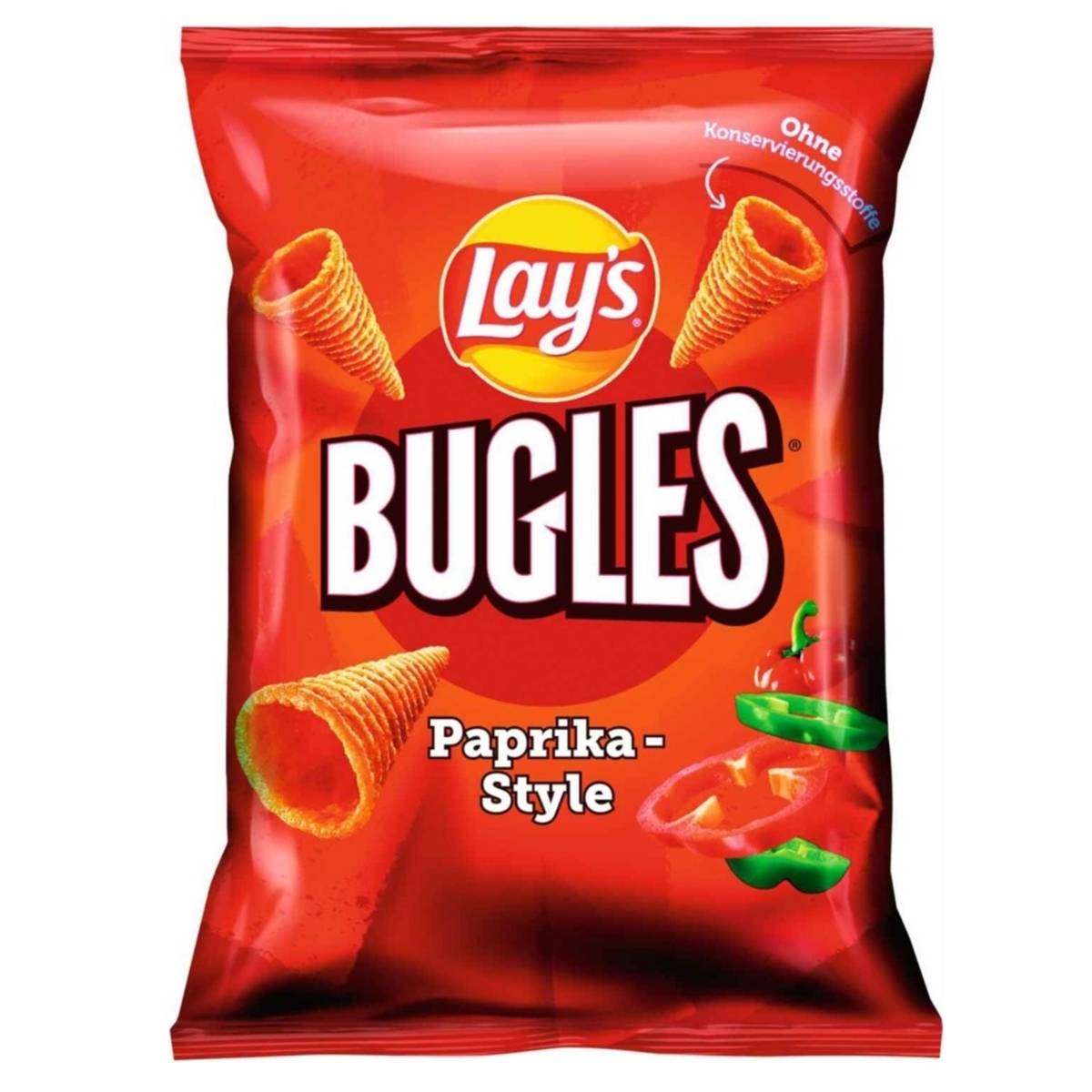 A 75g bag of Lay’s Bugles Paprika Crisps, with cone-shaped chips and red and green peppers pictured on the packaging, showcasing their spicy and savoury flavour. A 75g bag of Lay’s Bugles Paprika Crisps, with cone-shaped chips and red and green peppers pictured on the packaging, showcasing their spicy and savoury flavour.