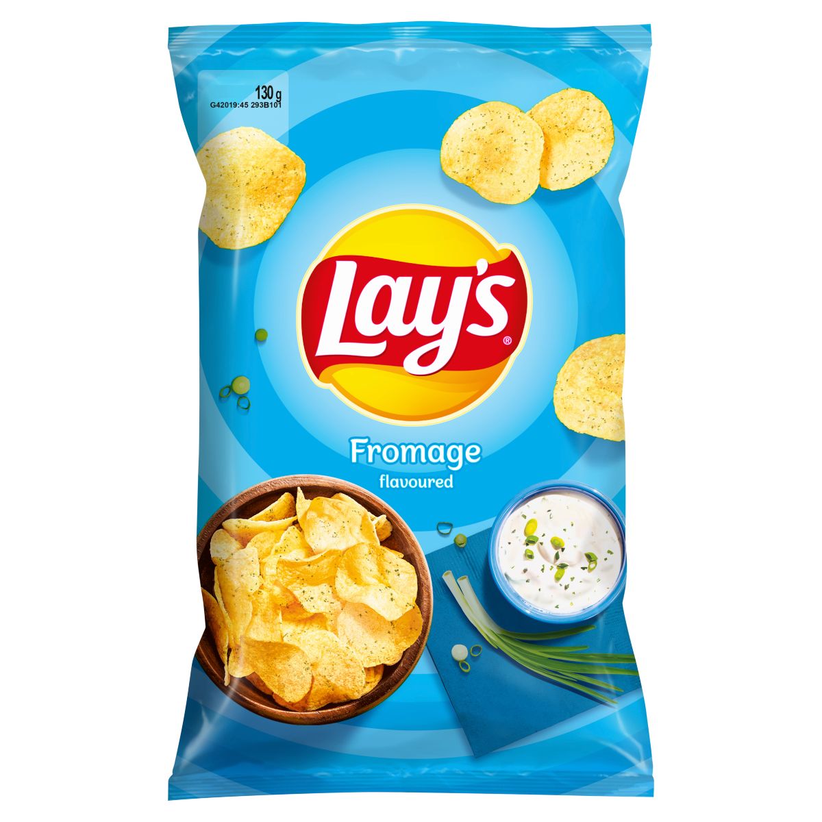 A 130g bag of Lays Fromage (Sour Cream & Onion) Crisps, with packaging showing chips in a bowl next to a creamy chive dip—highlighting their classic sour cream and onion flavor. A 130g bag of Lays Fromage (Sour Cream & Onion) Crisps, with packaging showing chips in a bowl next to a creamy chive dip—highlighting their classic sour cream and onion flavor.