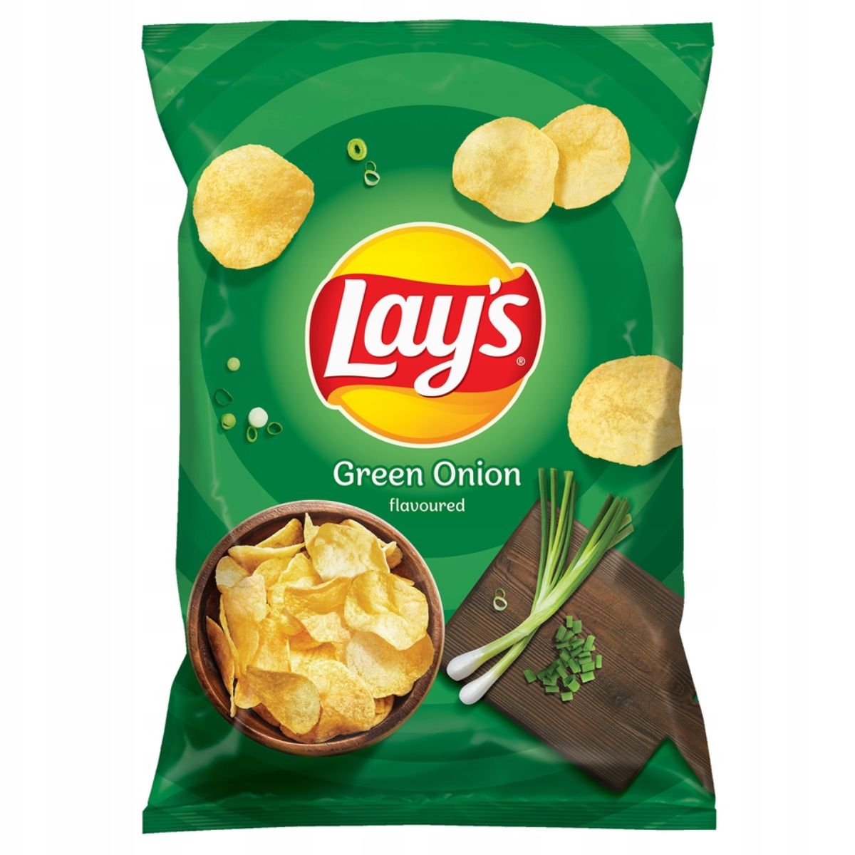 The 130g bag of Lays Green Onion Crisps features images of chips and fresh green onions on the front, making it a tasty snack choice with an irresistible onion flavour. The 130g bag of Lays Green Onion Crisps features images of chips and fresh green onions on the front, making it a tasty snack choice with an irresistible onion flavour.