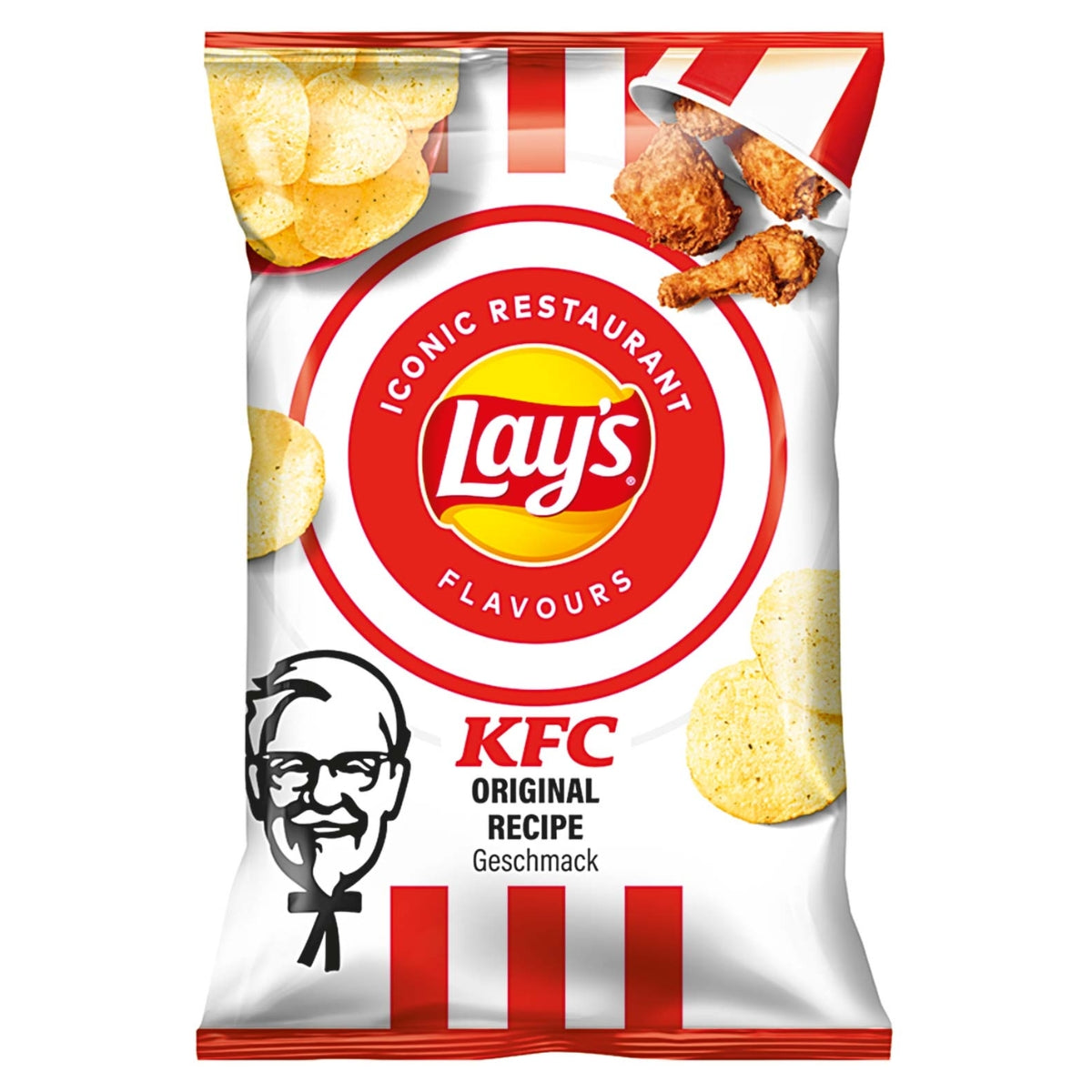A bag of Lays - KFC Original Recipe Crisps - 150g, featuring Lay's and KFC logos, with images of crisps and fried chicken, and text in German spelling "Geschmack. A bag of Lays - KFC Original Recipe Crisps - 150g, featuring Lay's and KFC logos, with images of crisps and fried chicken, and text in German spelling "Geschmack.
