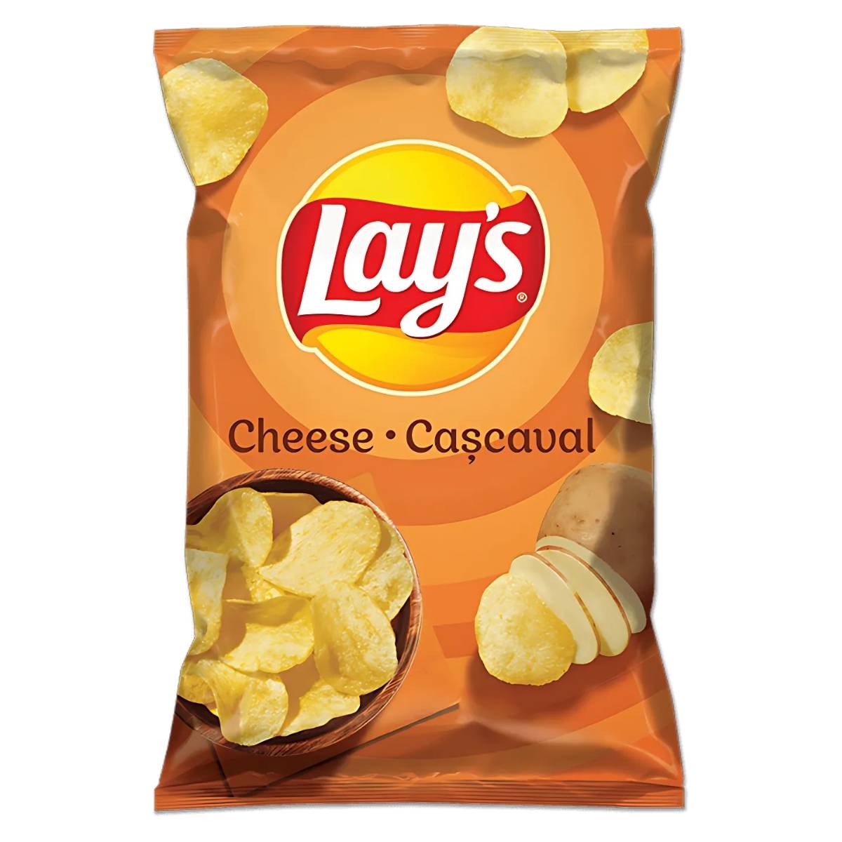 A bag of Lays Kashkaval Cheese Crisps, weighing 125g, showcases a delicious kashkaval flavor with an image of crispy chips and sliced kashkaval on the packaging. A bag of Lays Kashkaval Cheese Crisps, weighing 125g, showcases a delicious kashkaval flavor with an image of crispy chips and sliced kashkaval on the packaging.