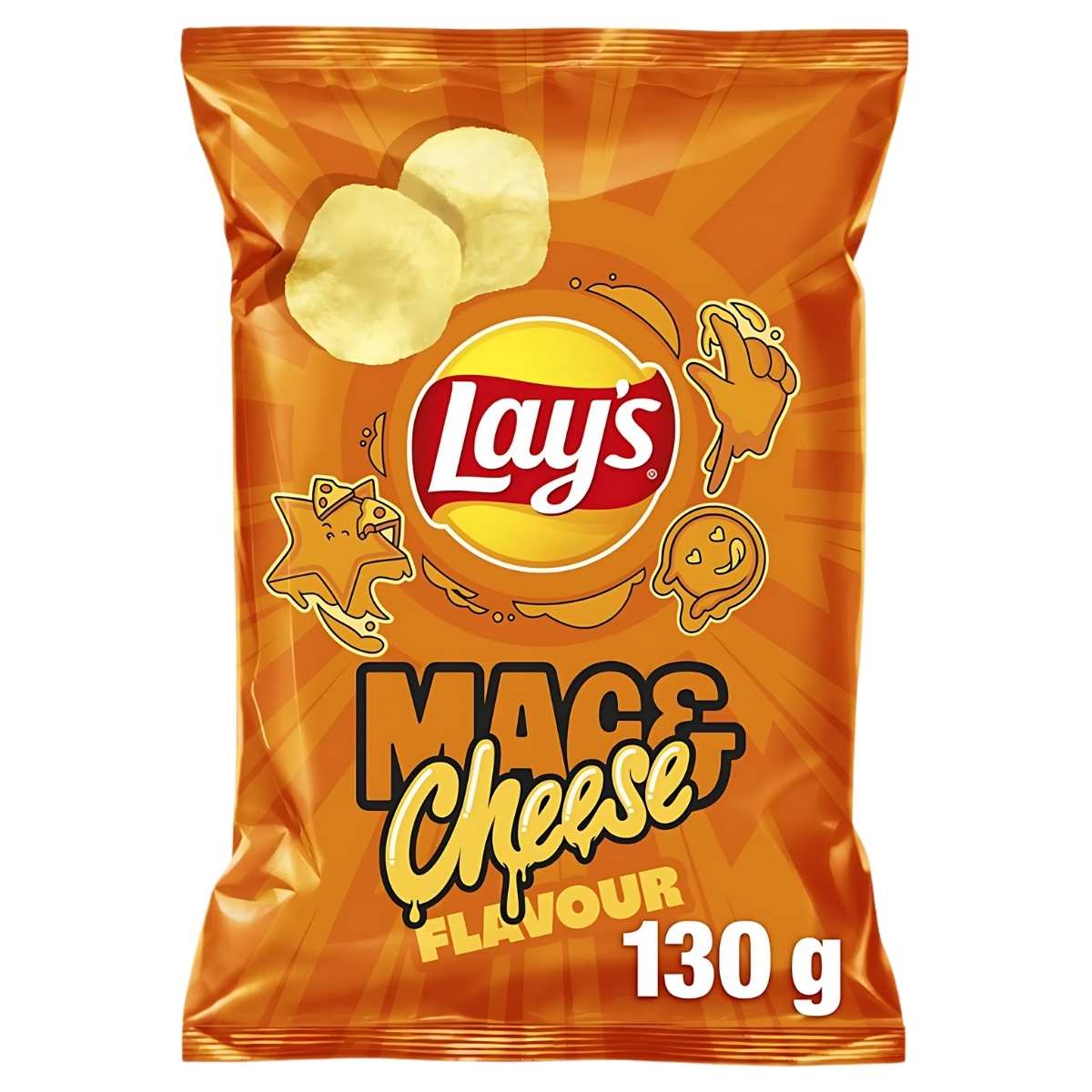 A 130g bag of Lays Mac & Cheese Crisps, a comfort snack in bright orange packaging with cheese and pasta graphics. A 130g bag of Lays Mac & Cheese Crisps, a comfort snack in bright orange packaging with cheese and pasta graphics.