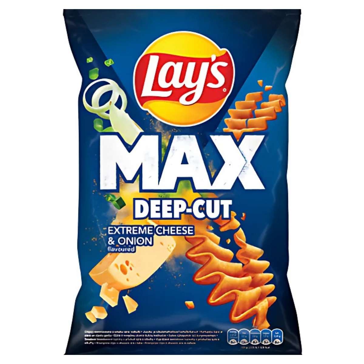 A 120g bag of Lays Max Deep-Cut Extreme Cheese & Onion Crisps, featuring bold cheese and onion flavours with wavy chips for an intense snacking experience. A 120g bag of Lays Max Deep-Cut Extreme Cheese & Onion Crisps, featuring bold cheese and onion flavours with wavy chips for an intense snacking experience.