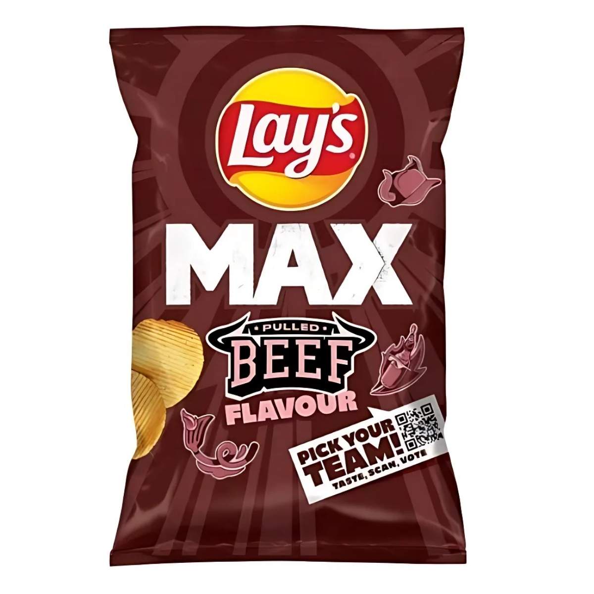 A 120g bag of Lay's Max Pulled Beef Crisps with ridged chips and a "Pick Your Team!" QR code on the pack—ideal for a savoury snack craving. A 120g bag of Lay's Max Pulled Beef Crisps with ridged chips and a "Pick Your Team!" QR code on the pack—ideal for a savoury snack craving.