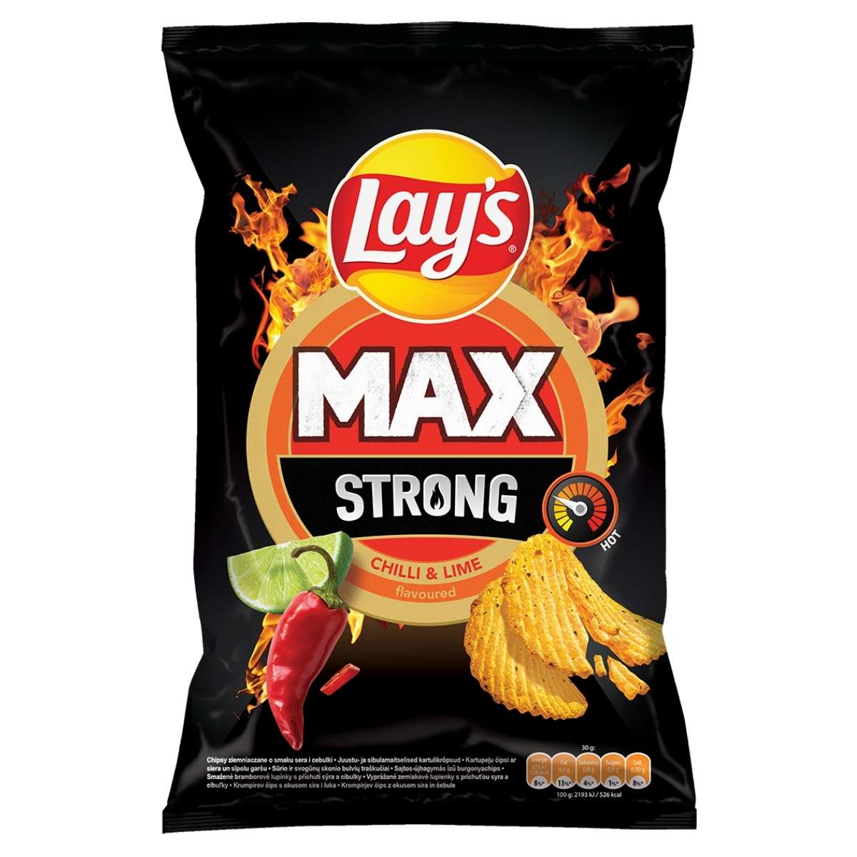 A black 120g bag of Lays Max Strong Chilli & Lime crisps with images of lime, chili, and crinkle-cut chips on a fiery background. A black 120g bag of Lays Max Strong Chilli & Lime crisps with images of lime, chili, and crinkle-cut chips on a fiery background.