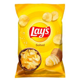 A yellow 130g bag of Lays Salted Potato Crisps, packaging shows chips, a potato, and a bowl of crisps.
