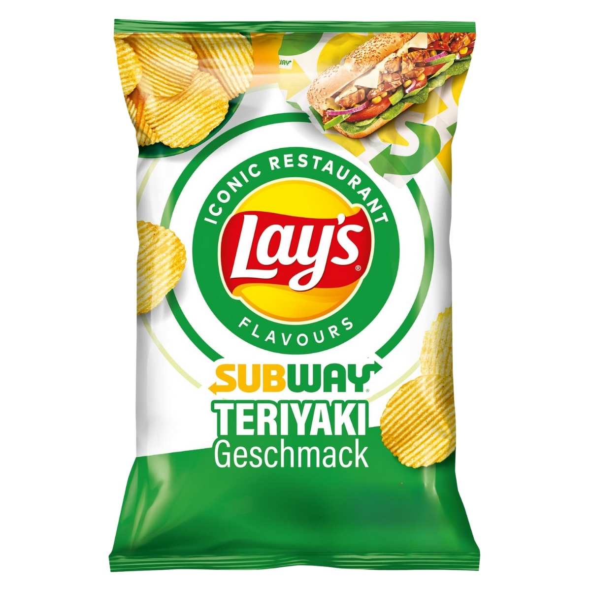 A 150g bag of Lay's Subway Teriyaki Crisps, with tangy teriyaki flavor and images of crisps and a sandwich on the front. Packaging shows text in English and German. A 150g bag of Lay's Subway Teriyaki Crisps, with tangy teriyaki flavor and images of crisps and a sandwich on the front. Packaging shows text in English and German.
