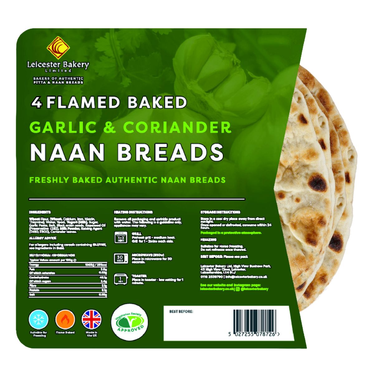 A Leicester Bakery - Garlic & Coriander Naan Bread - 4 Pack.
