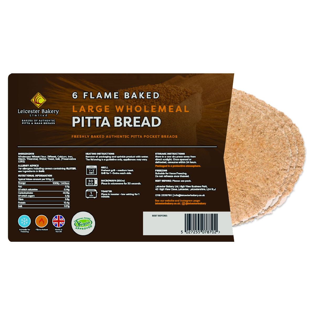 A package of Leicester Bakery - Large Wholemeal Pitta Bread - 6 Pack on a white background.