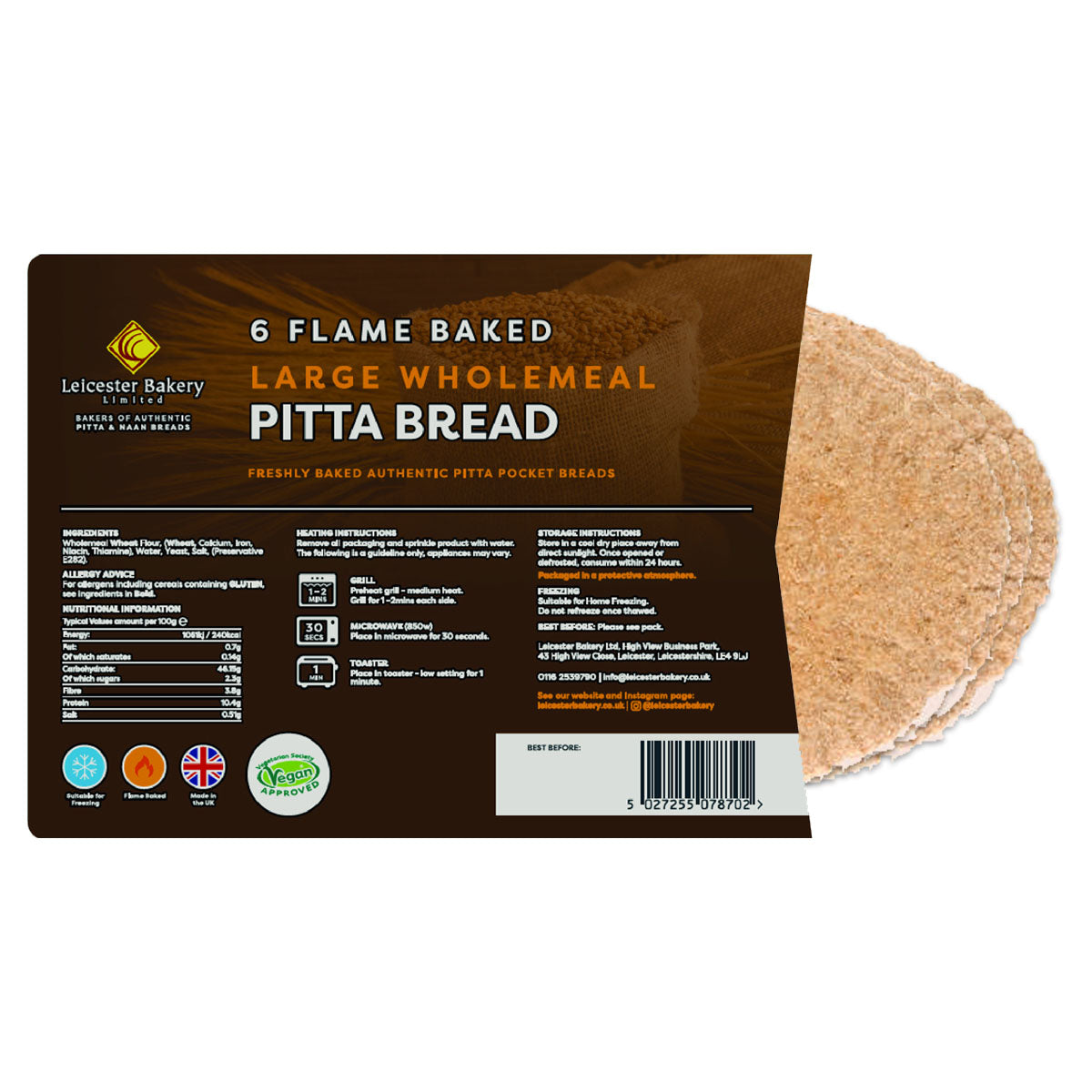 A package of Leicester Bakery - Large Wholemeal Pitta Bread - 6 Pack on a white background. A package of Leicester Bakery - Large Wholemeal Pitta Bread - 6 Pack on a white background.