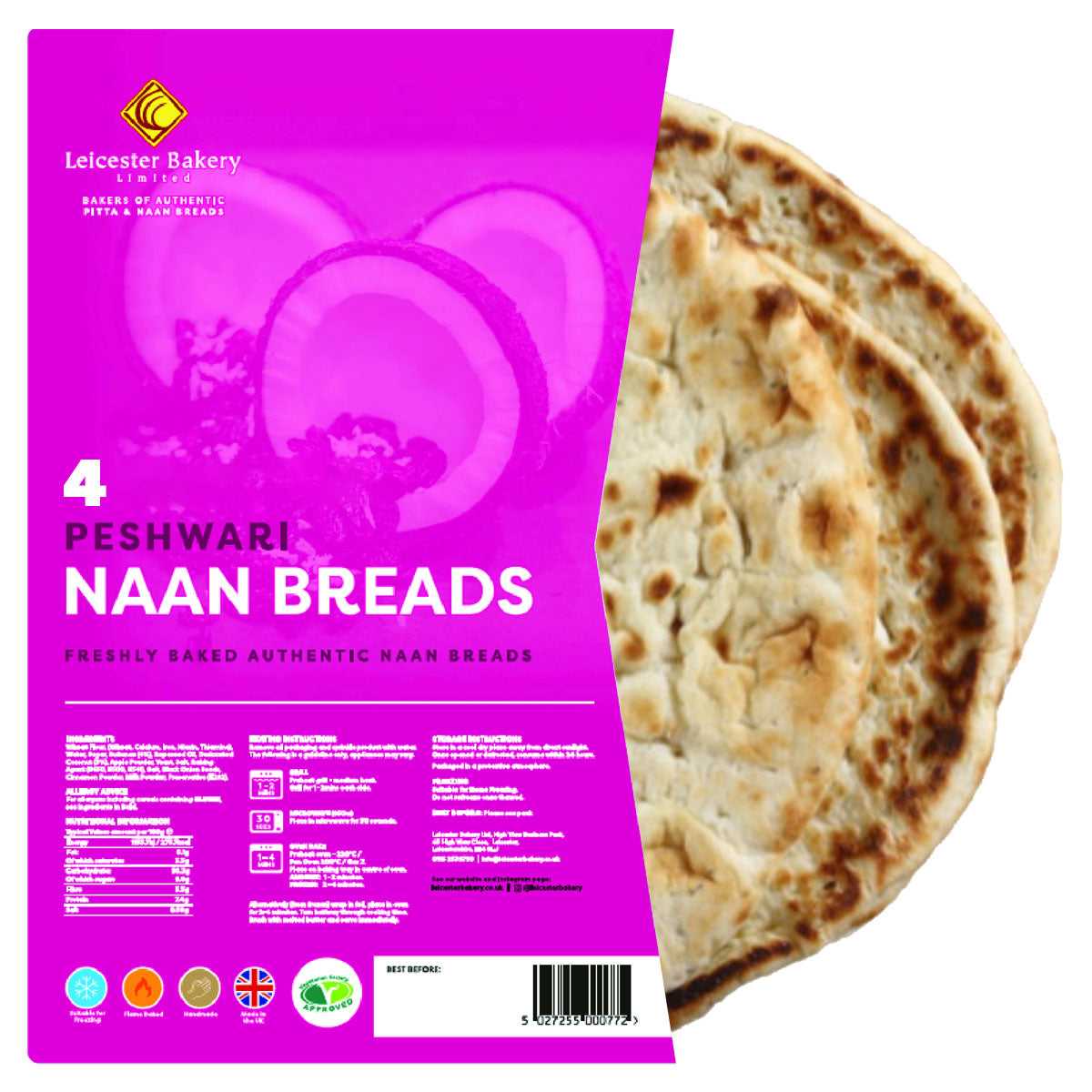 A package of Leicester Bakery - Peshwari Naan Bread - 4 Pack.