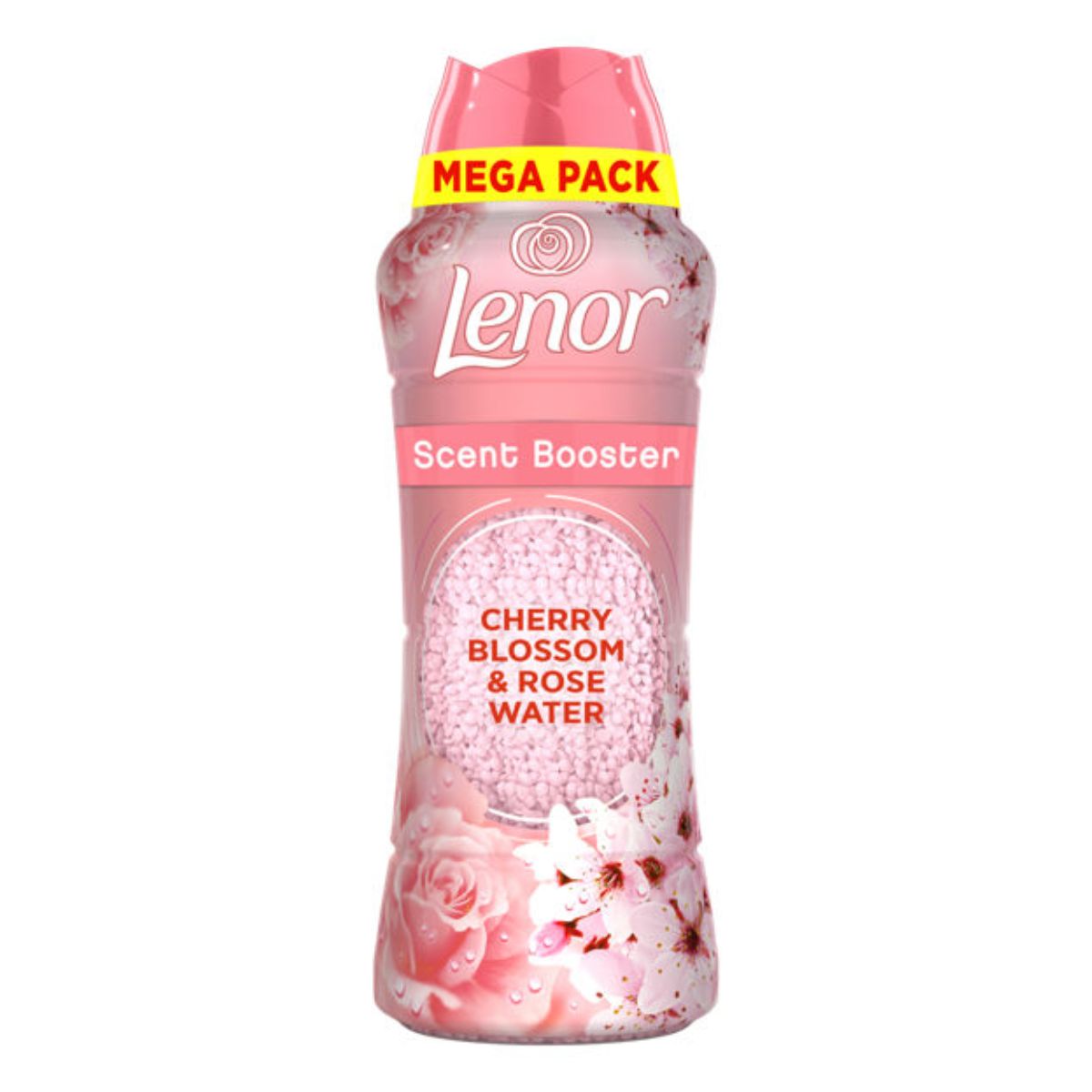 A bottle of Lenor - In Wash Scent Booster Cherry Blossom & Rose Water - 570g, packaged in a pink container with floral imagery.