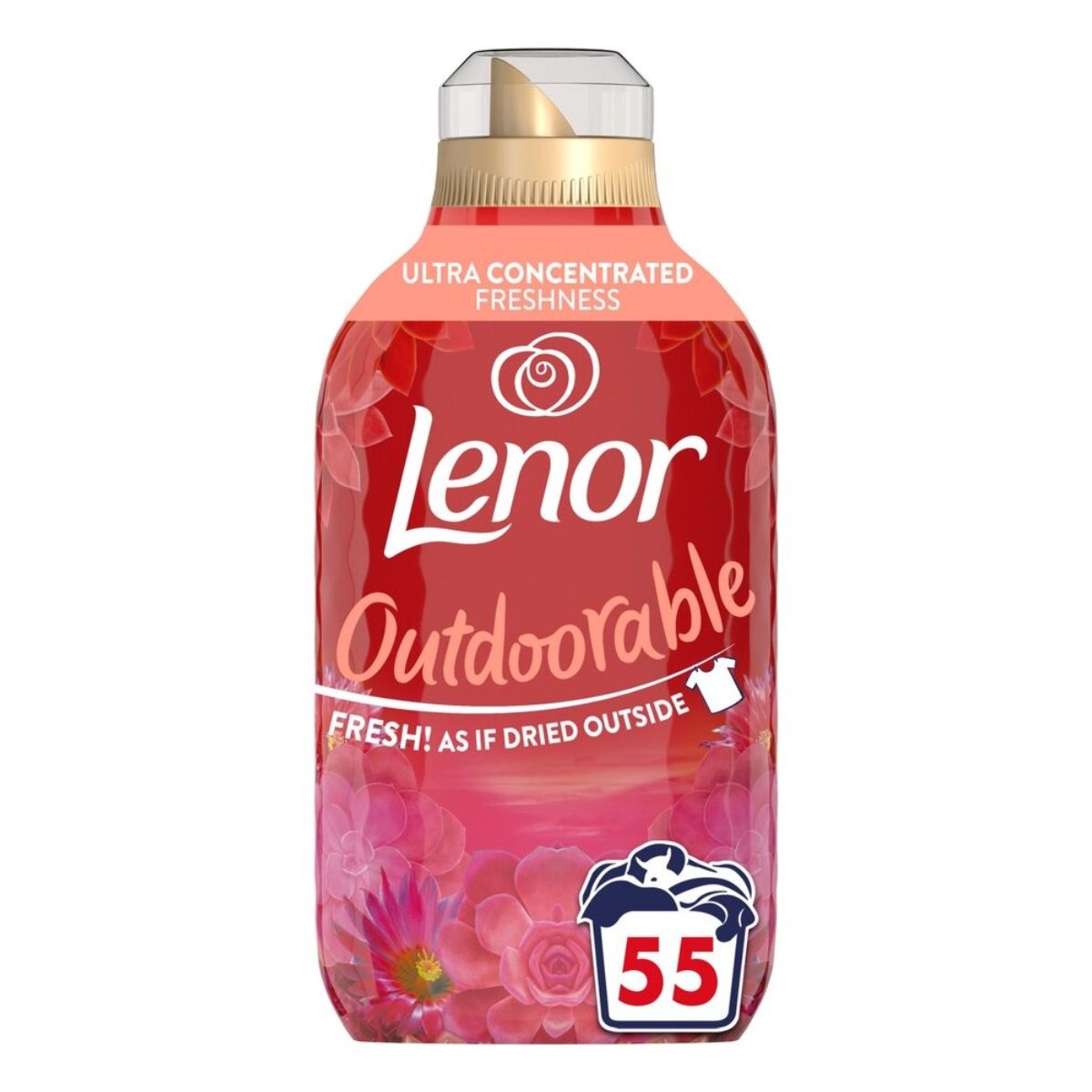 A bottle of Lenor - Outdoorables Desert Rose Fabric Conditioner - 770ml with a pink flower on it.