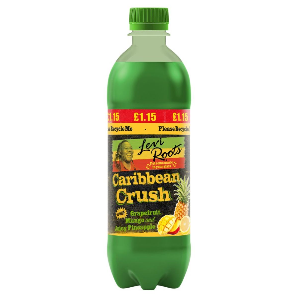A bottle of Levi Roots - Caribbean Crush mango and Pineapple - 500ml on a white background.