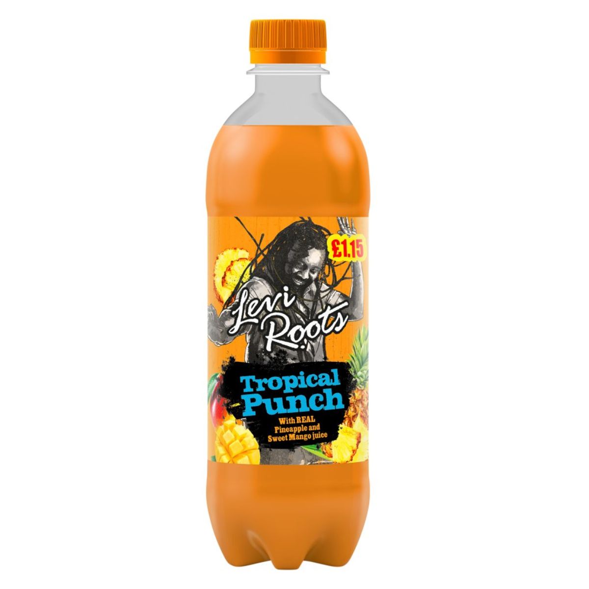 A bottle of Levi Roots - Tropical Punch - 500ml soft drink, priced at £1.15, featuring a vibrant label with fruits and Levi Roots' image.