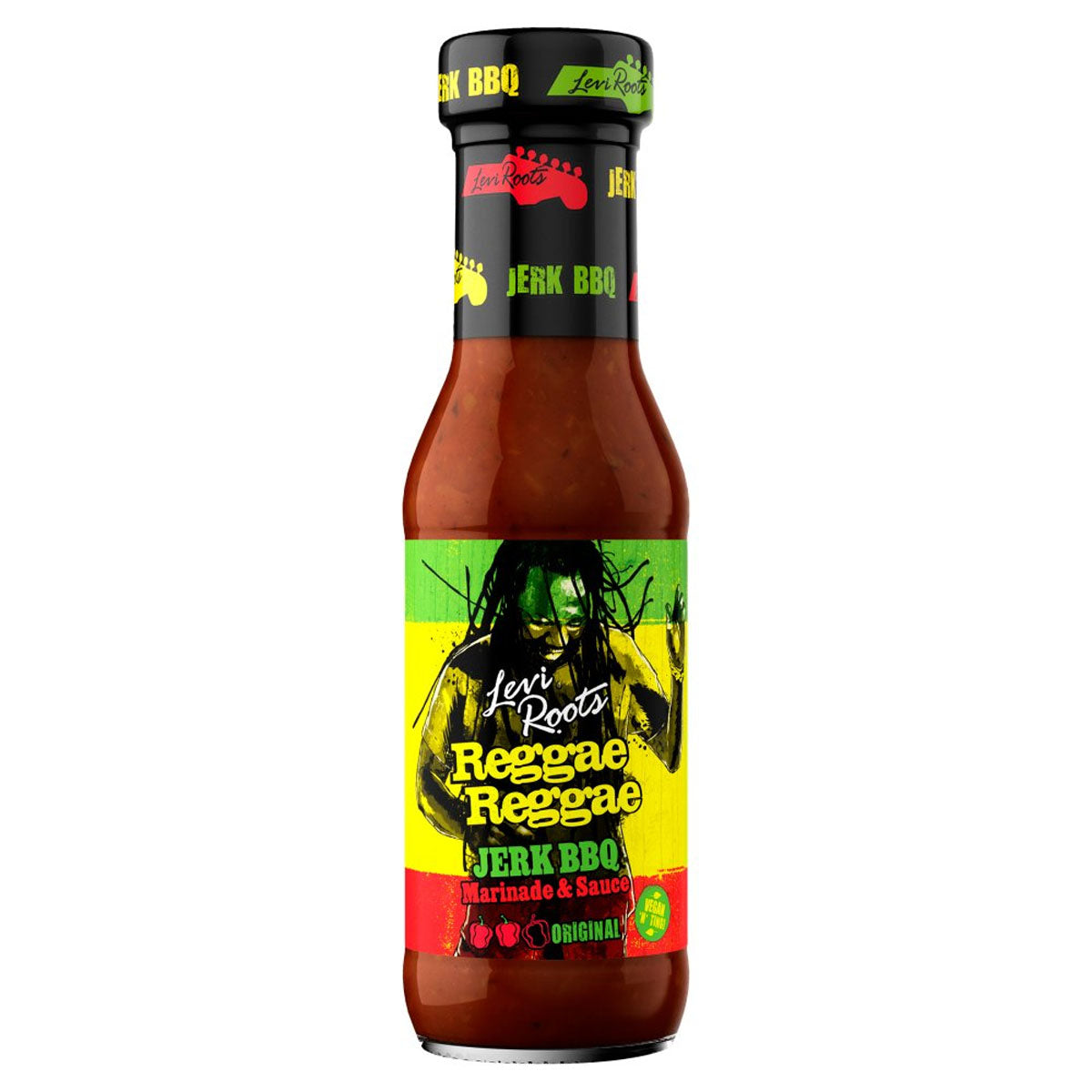 A bottle of Levi Roots - Reggae Reggae Jerk Bbq Sauce - 290g on a white background. A bottle of Levi Roots - Reggae Reggae Jerk Bbq Sauce - 290g on a white background.