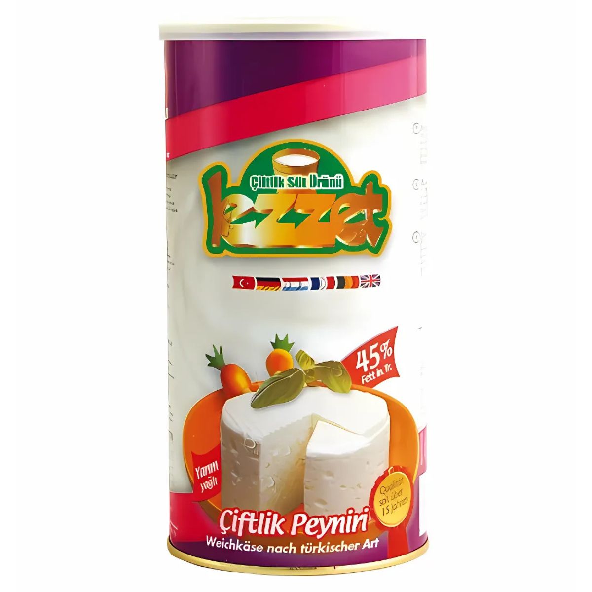 Lezzet - 45% Fat Cow Cheese (800g) is a creamy Turkish-style cylindrical cheese with fruit and cheese images on the label and nutritional information displayed. Lezzet - 45% Fat Cow Cheese (800g) is a creamy Turkish-style cylindrical cheese with fruit and cheese images on the label and nutritional information displayed.