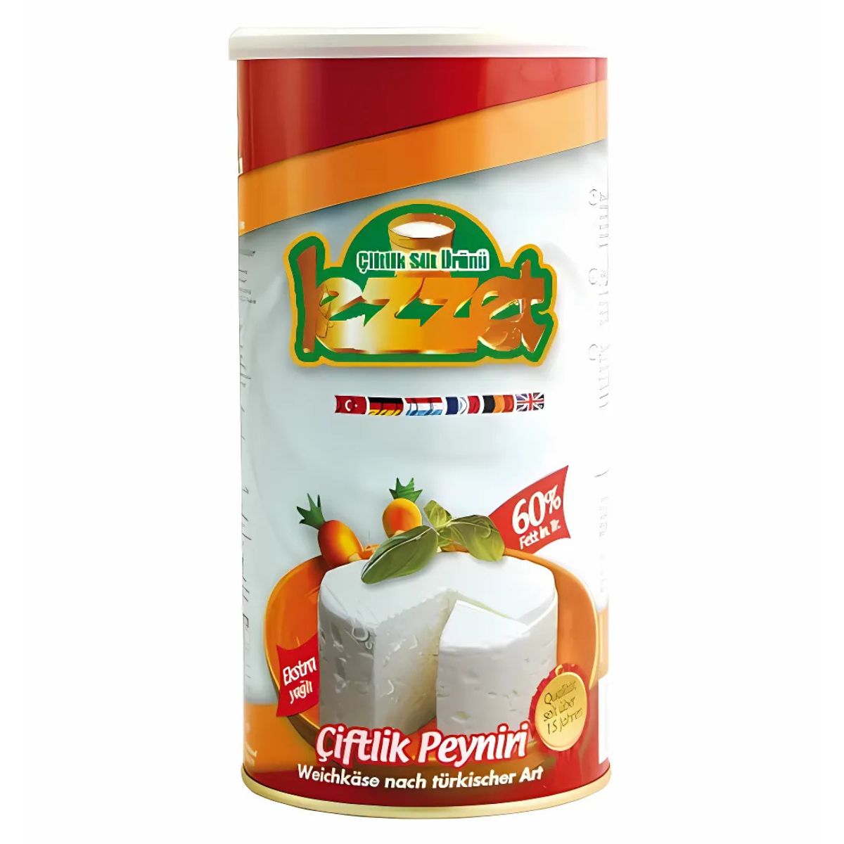 A cylindrical container of Lezzet 60% Fat Cow Cheese (800g) features images of cheese, tomatoes, and herbs on the label. A cylindrical container of Lezzet 60% Fat Cow Cheese (800g) features images of cheese, tomatoes, and herbs on the label.