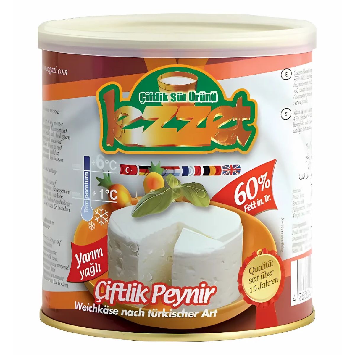 A cylindrical tin of Lezzet 60% Fat Soft Cheese (400g), a Turkish-style cheese featuring colorful packaging with cheese, fruits, and multilingual product details. A cylindrical tin of Lezzet 60% Fat Soft Cheese (400g), a Turkish-style cheese featuring colorful packaging with cheese, fruits, and multilingual product details.
