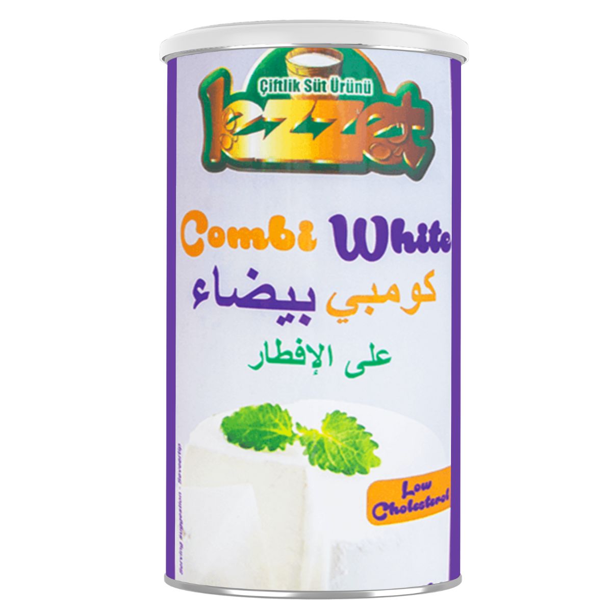 A tin of Lezzet - Combi White Cheese - 800g with mint leaves on it.