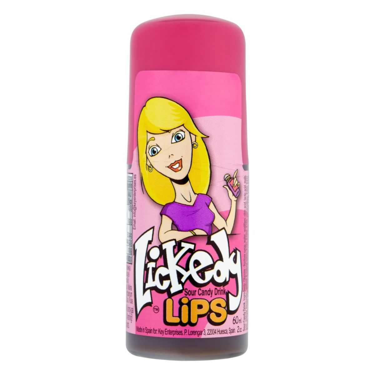 A bottle of Lickedy Lips Sour Candy Drink - 60ml with a cartoon illustration of a blonde female character on the label. A bottle of Lickedy Lips Sour Candy Drink - 60ml with a cartoon illustration of a blonde female character on the label.