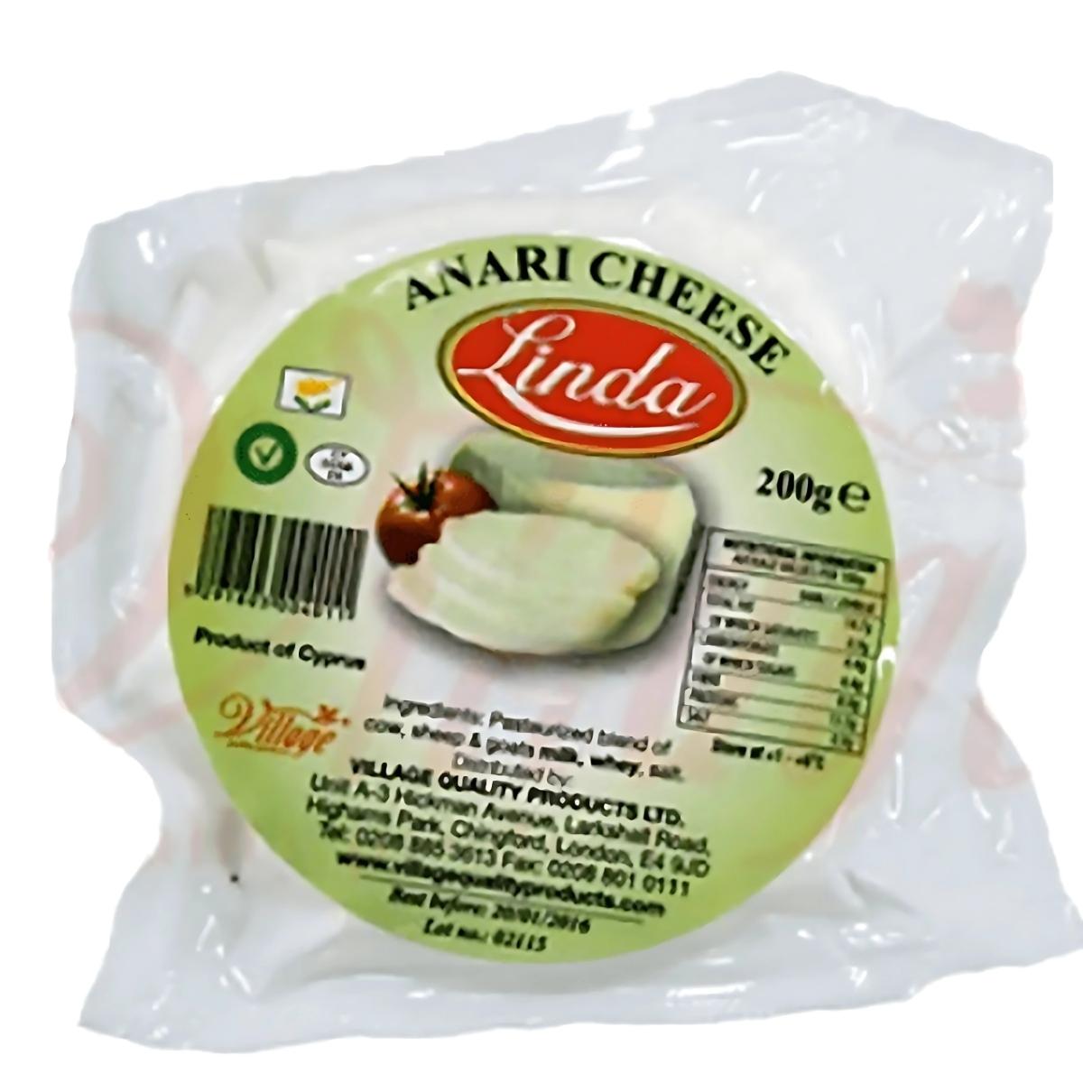 Linda - Anari Cheese - 200g features a label with nutritional info and a cheese-and-tomato logo, made in Cyprus. Linda - Anari Cheese - 200g features a label with nutritional info and a cheese-and-tomato logo, made in Cyprus.