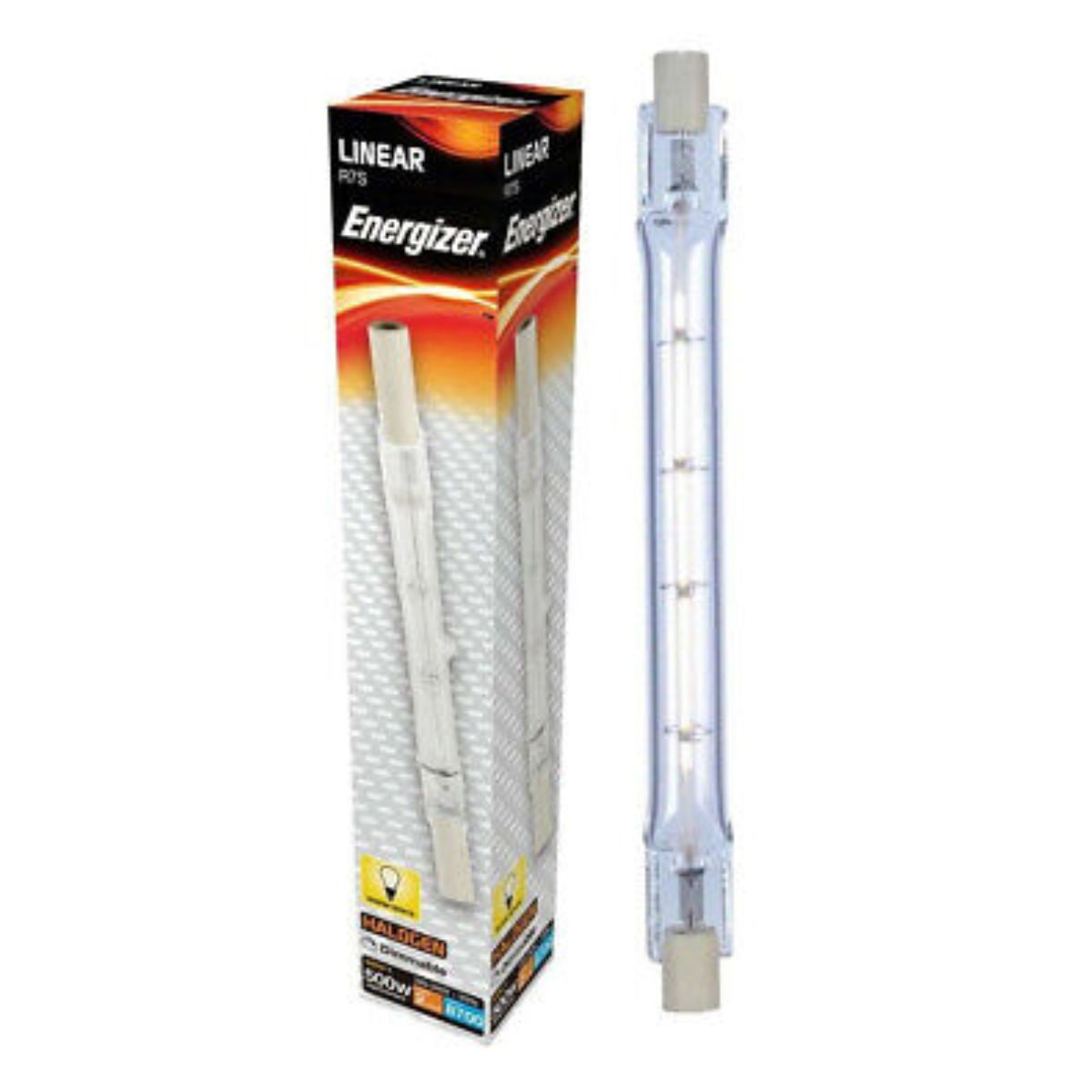 A packaged Energizer R7s Energy Saving Halogen - 500w light bulb. A packaged Energizer R7s Energy Saving Halogen - 500w light bulb.