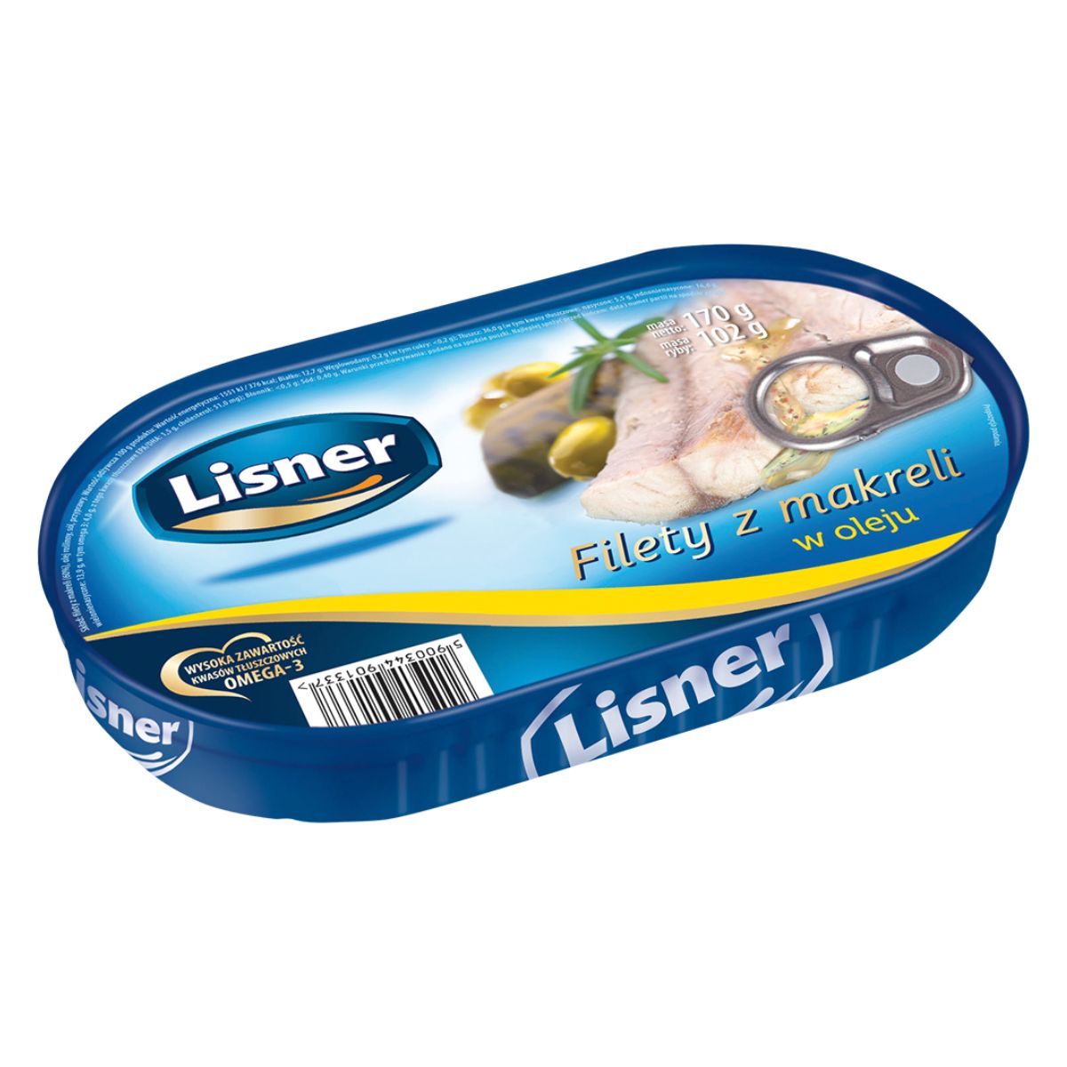 A tin of Lisner - Mackerel Fillets in Oil - 175g on a white background.