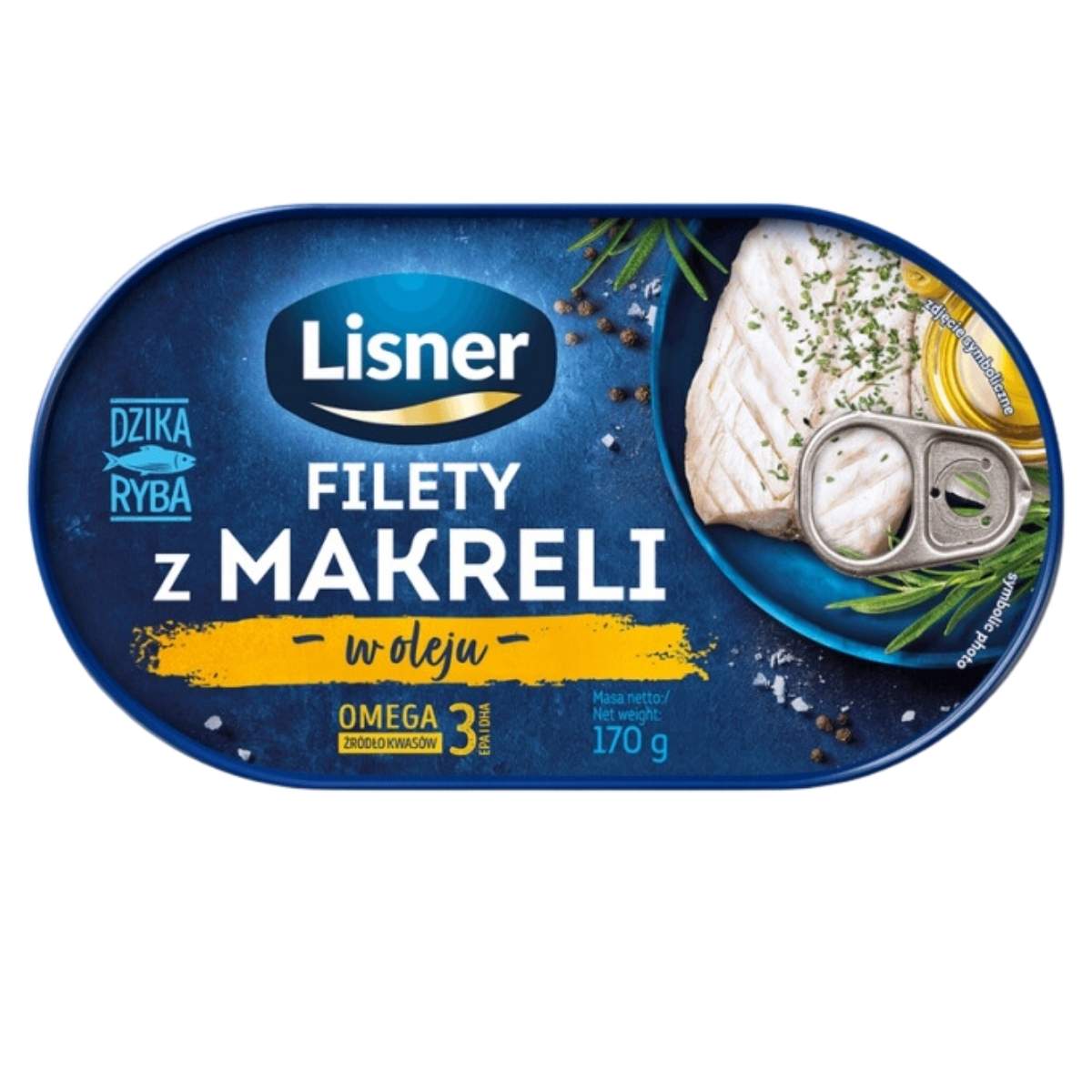 Lisner branded mackerel fillets in oil, labeled in Polish, contain omega-3 and weigh 175g. Lisner branded mackerel fillets in oil, labeled in Polish, contain omega-3 and weigh 175g.