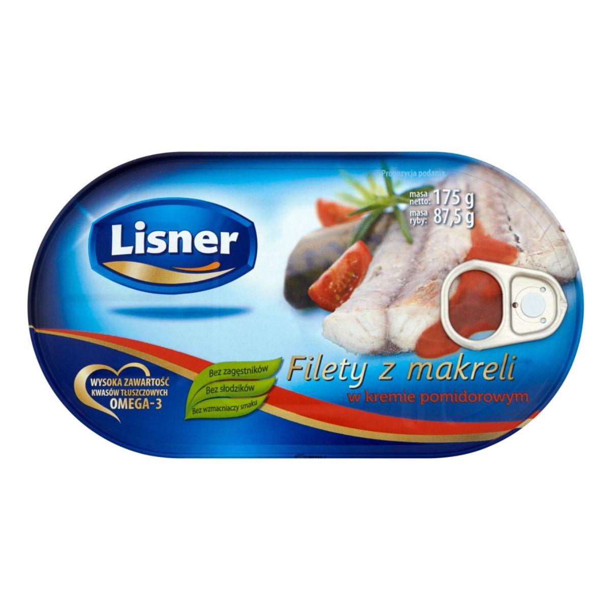 A tin of Lisner - Mackerel Fillets in Tomato Cream - 175g on a white background.