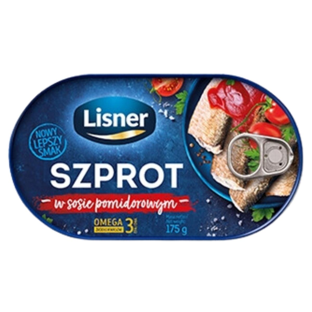 Oval can of Lisner - Sprat in Tomato - 175g, showcasing a dish of fish with tomatoes and herbs on the label. Oval can of Lisner - Sprat in Tomato - 175g, showcasing a dish of fish with tomatoes and herbs on the label.