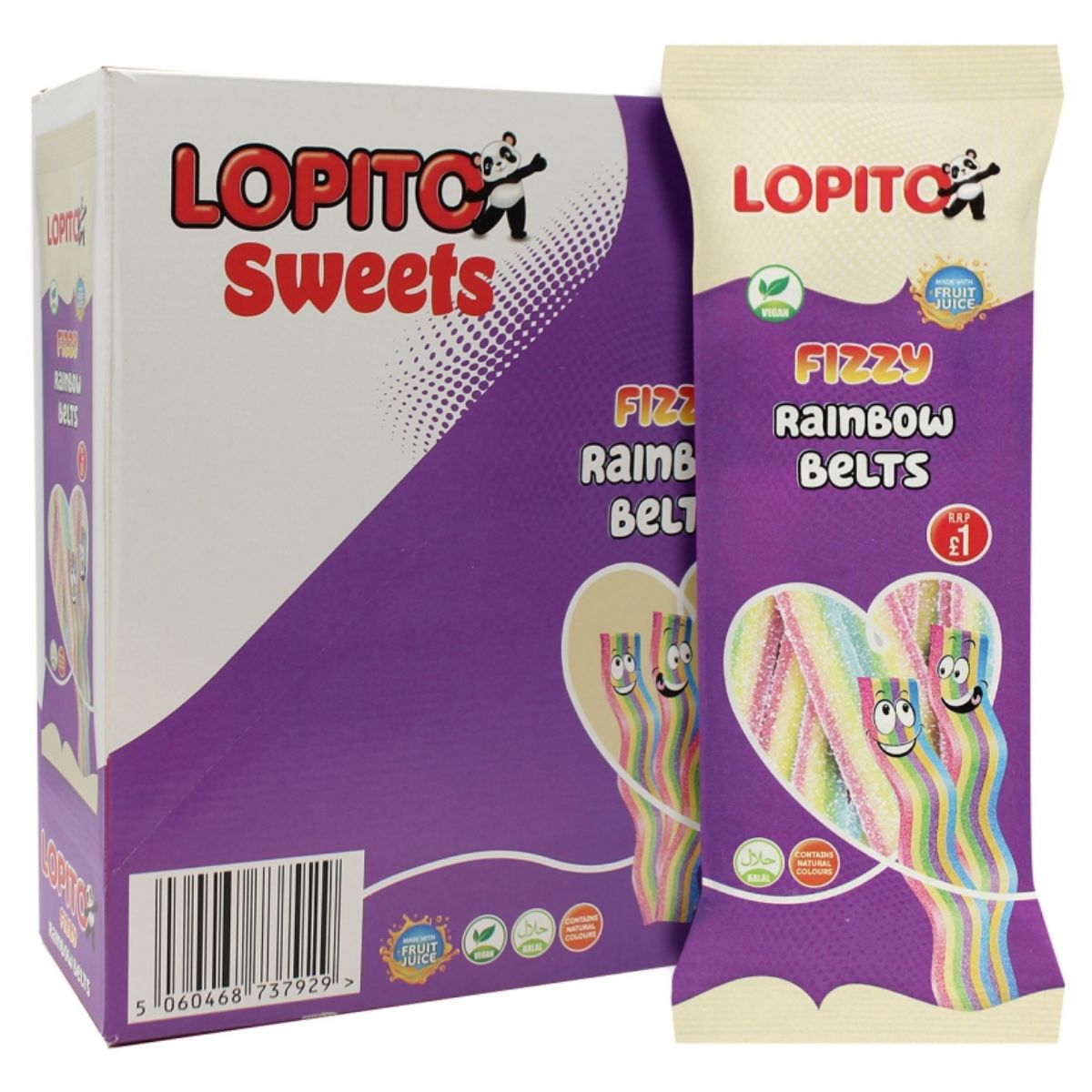 A Lopito - Fizzy Rainbow Belts - 150g box with a Lopito - Fizzy Rainbow Belts - 150g package with a white label.