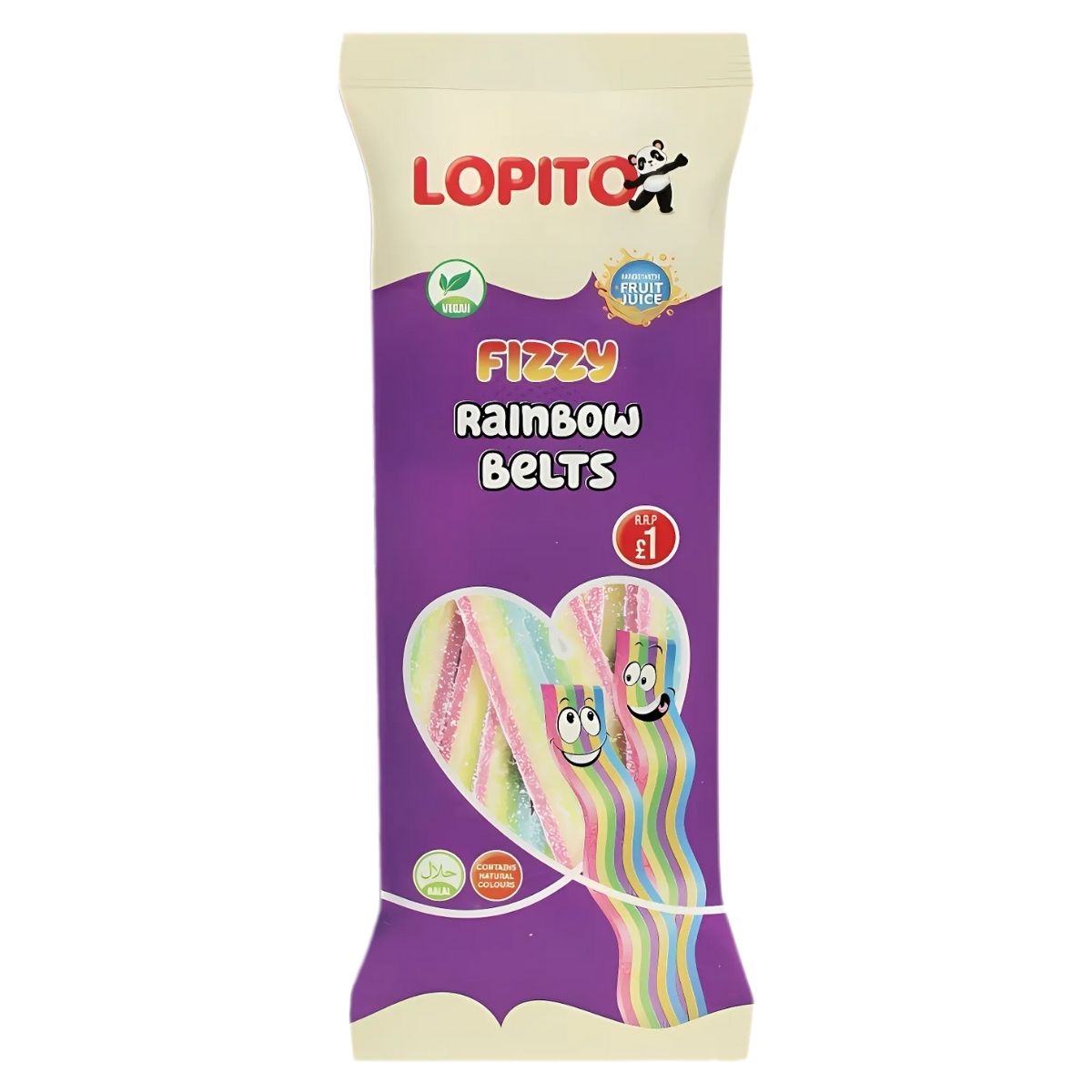 Packaging of Lopito - Fizzy Rainbow Belts - 150g featuring colorful candy illustrations and labels that highlight its vegan and gluten-free attributes. Packaging of Lopito - Fizzy Rainbow Belts - 150g featuring colorful candy illustrations and labels that highlight its vegan and gluten-free attributes.