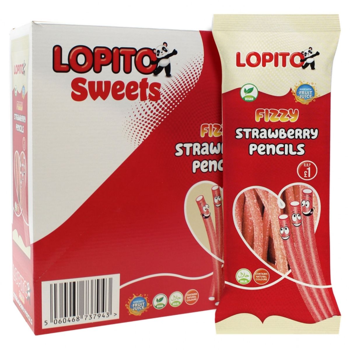 A box of Lopito - Fizzy Strawberry Pencils - 150g.