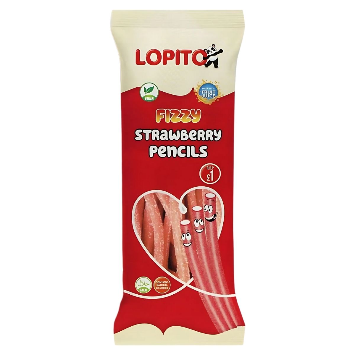 Package of Lopito - Fizzy Strawberry Pencils - 150g, featuring three cartoon-faced strawberry-flavored candy sticks. Package of Lopito - Fizzy Strawberry Pencils - 150g, featuring three cartoon-faced strawberry-flavored candy sticks.
