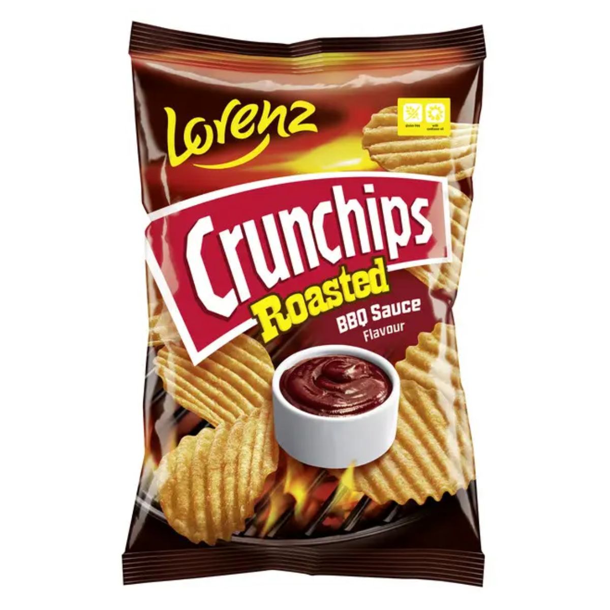 A bag of Lorenz - Crunchchips BBQ - 120g, featuring an image of the chips and a bowl of sauce.