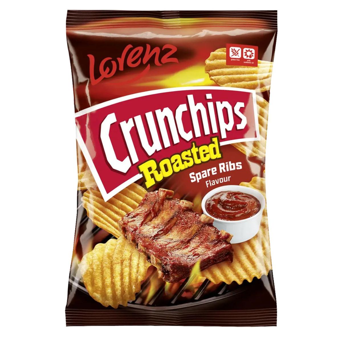 Enjoy the bold taste of Lorenz Crunchips Roasted Spare Ribs Flavour Crisps (120g)—gluten free, ridged potato chips with spare ribs flavour. The pack features vibrant images of ribs and a bowl of sauce for extra appeal!. Enjoy the bold taste of Lorenz Crunchips Roasted Spare Ribs Flavour Crisps (120g)—gluten free, ridged potato chips with spare ribs flavour. The pack features vibrant images of ribs and a bowl of sauce for extra appeal!.