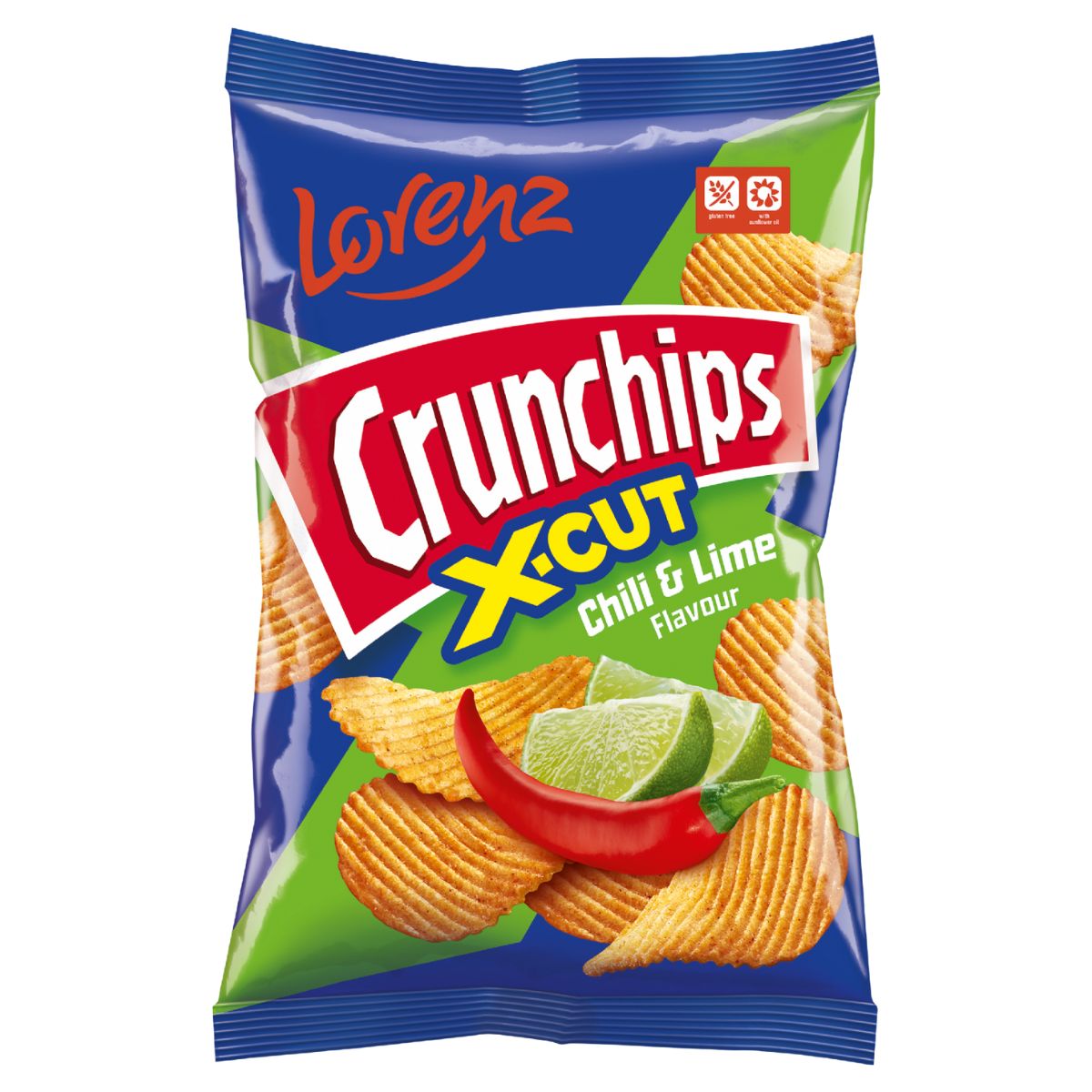 A 130g bag of Lorenz - Crunchips X-Cut Chilli & Lime Flavour Crisps, featuring images of chips, a lime wedge, and a chili pepper on the packaging. A 130g bag of Lorenz - Crunchips X-Cut Chilli & Lime Flavour Crisps, featuring images of chips, a lime wedge, and a chili pepper on the packaging.