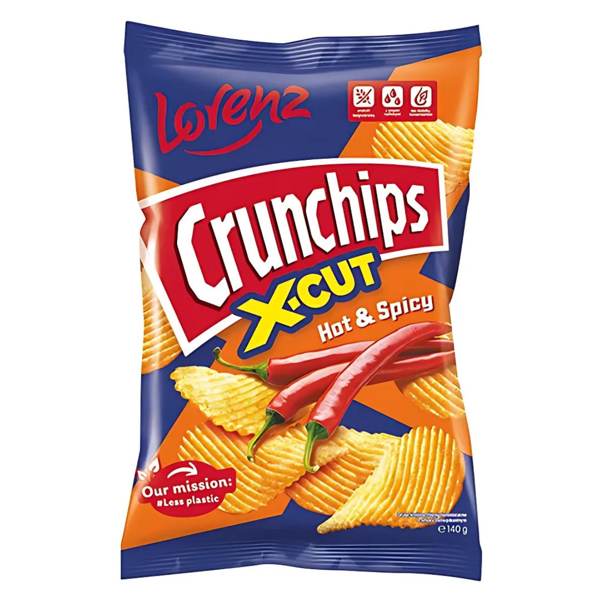A 140g bag of Lorenz Crunchips X-Cut Hot & Spicy features an enticing image of crispy, ridged chips and vibrant red chili peppers on the front. A 140g bag of Lorenz Crunchips X-Cut Hot & Spicy features an enticing image of crispy, ridged chips and vibrant red chili peppers on the front.