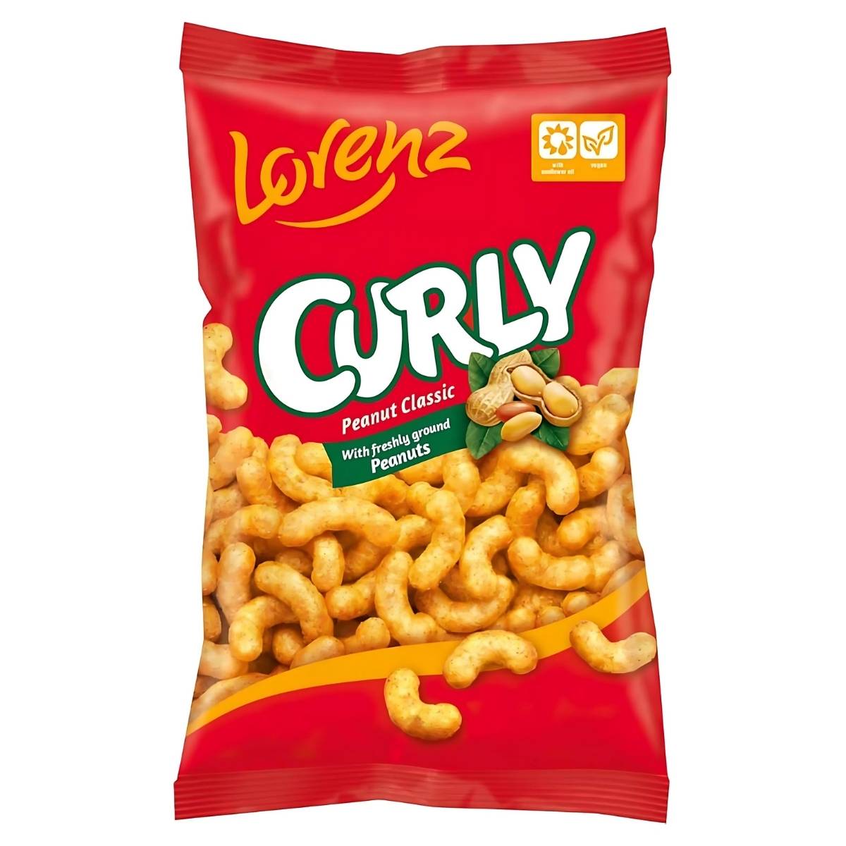 A red bag of Lorenz - Curly Corn Snack Peanut Classic (120g), a crunchy peanut-flavored snack with images of the treats and peanuts on the front. A red bag of Lorenz - Curly Corn Snack Peanut Classic (120g), a crunchy peanut-flavored snack with images of the treats and peanuts on the front.